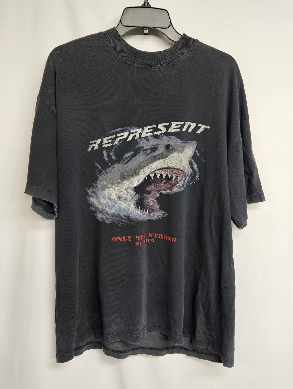 Represent Only The Strong Survive Shark Graphic T-Shirt Distressed Black Medium